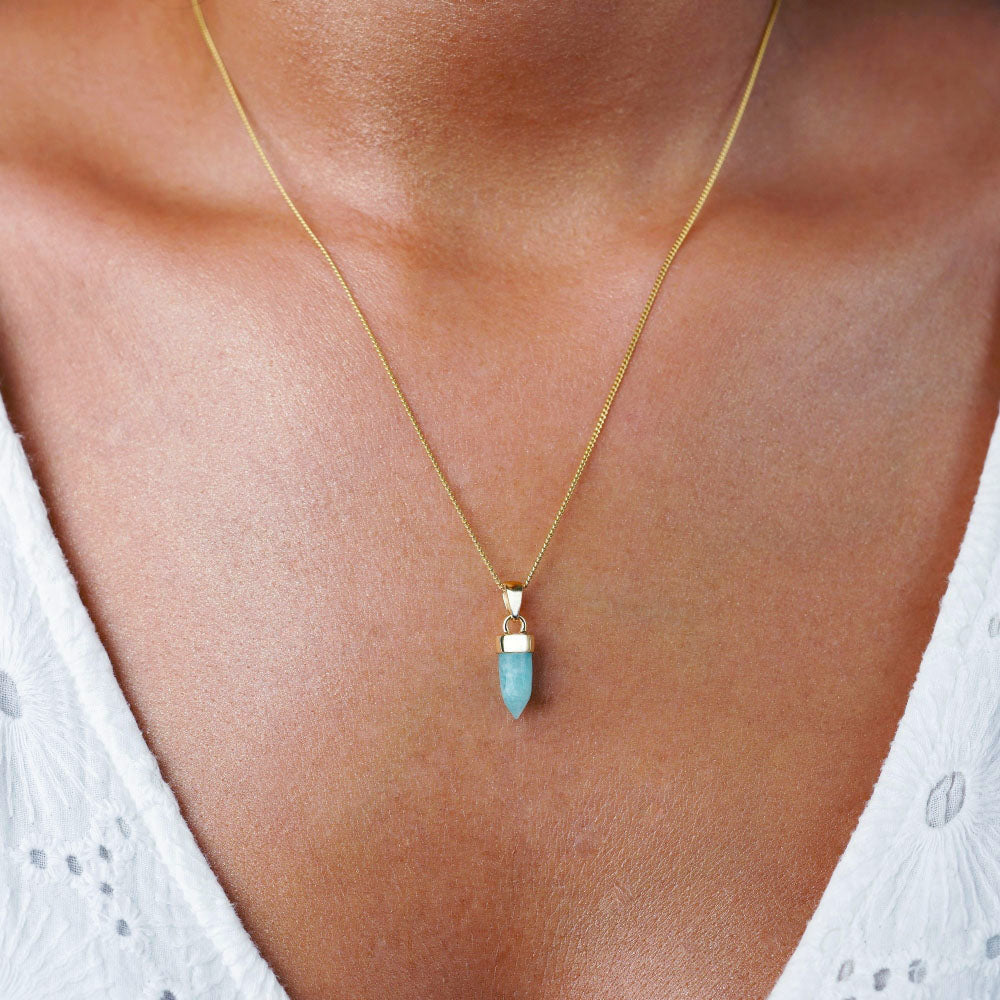 Necklace with turquoise gemstone Amazonite. Mini point with Amazonite jewelry in gold.