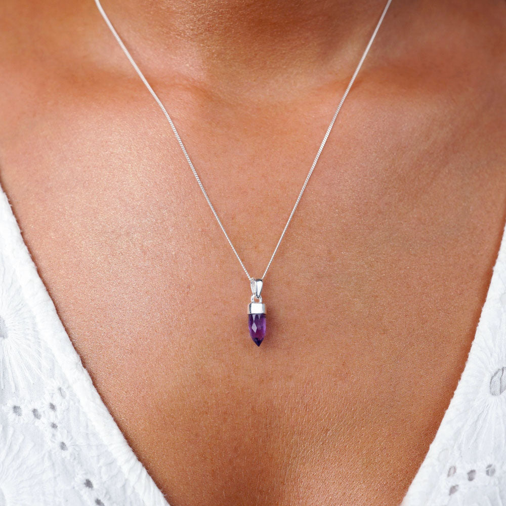 Petite Amethyst charm for necklace. Crystal Necklace with purple crystal Amethyst in cut lace model.