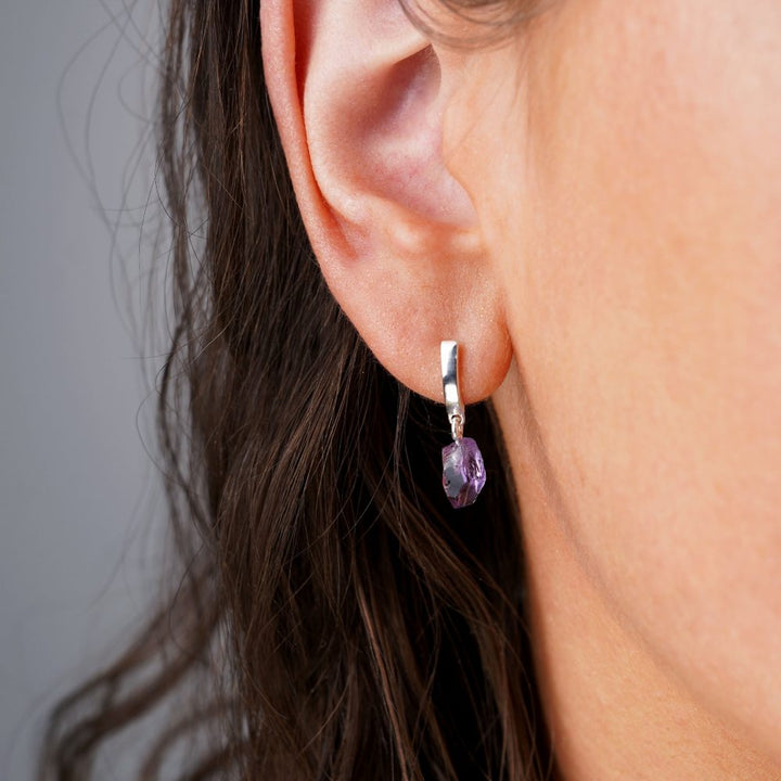 Silver earrings with Amethyst which is thye birthstone of February. Amethyst gemstone earrings in silver.
