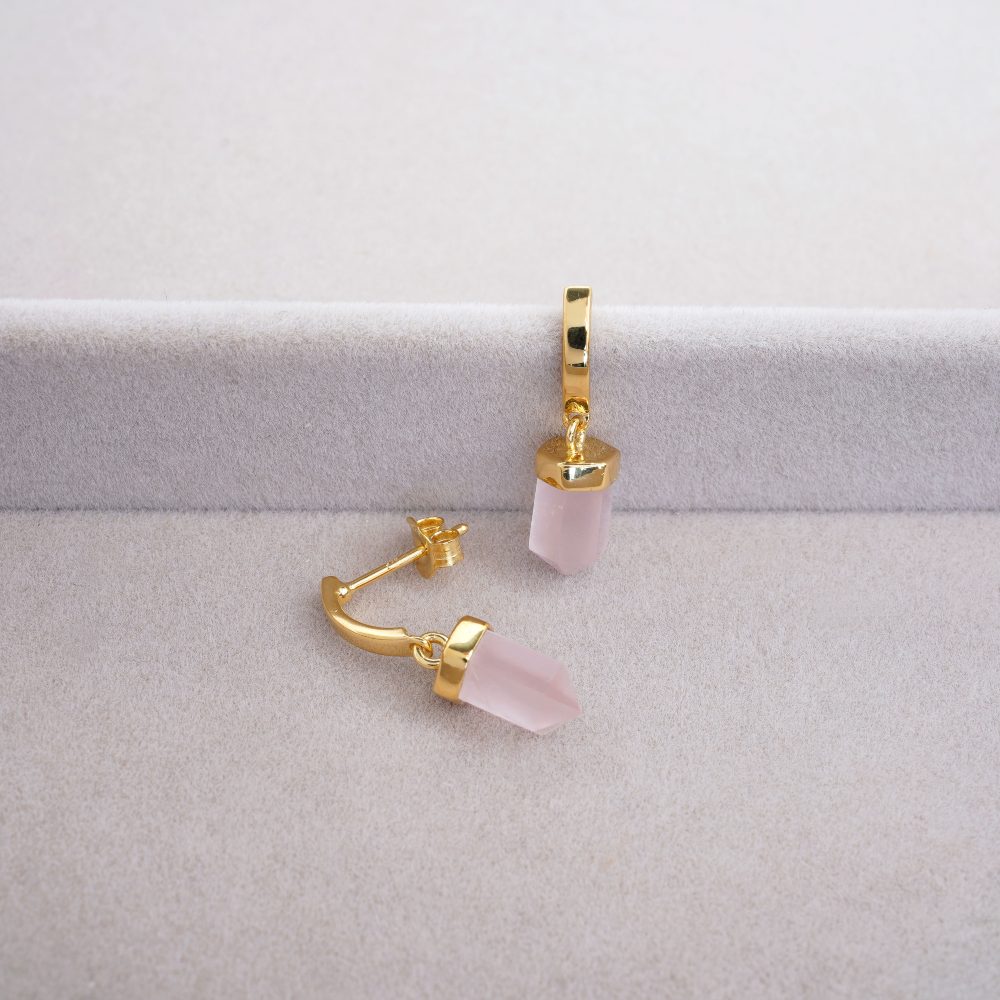 Earrings with Rose quartz crystal in the shape of a point. Modern gold earrings with pink crystal Rose quartz that symbolizes love.