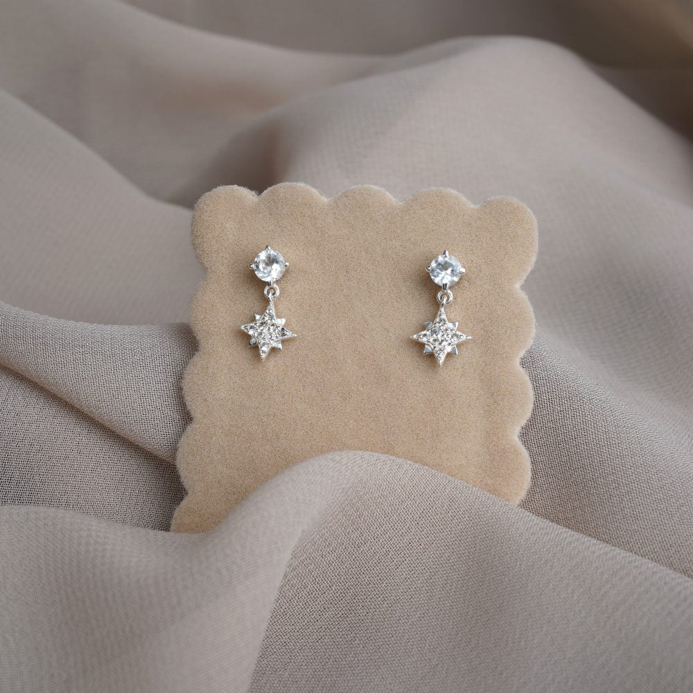 White Topaz earrings with stars in silver. Magical earrings with stars that sparkle from WhiteTopaz crystals.
