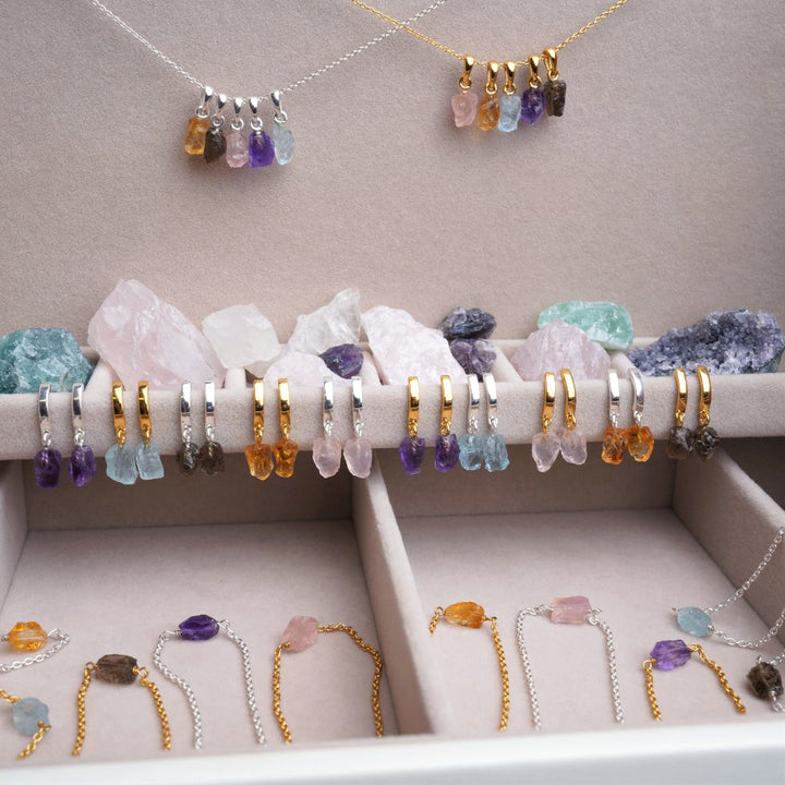 Gemstone jewelry with raw crystals. Collection with jewelry of raw gemstones in lovely colors.