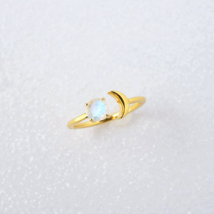 Magic gold ring with moon and crystal Rainbow Moonstone. Gold ring with a moon and crystal Rainbow Moonstone, the birthstone of June.