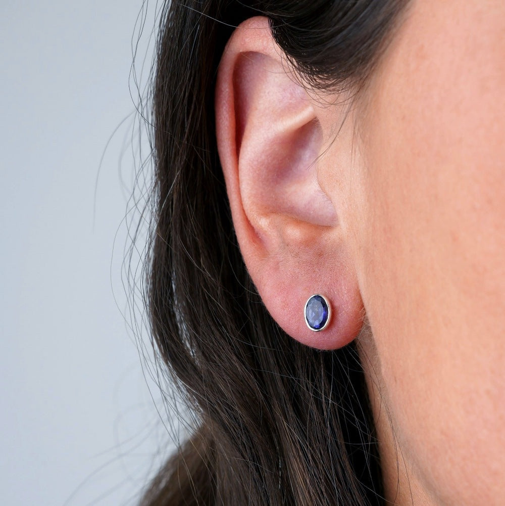 September birthstone earrings with crystal Iolite. Crystal earrings with blue gemstone Iolite.