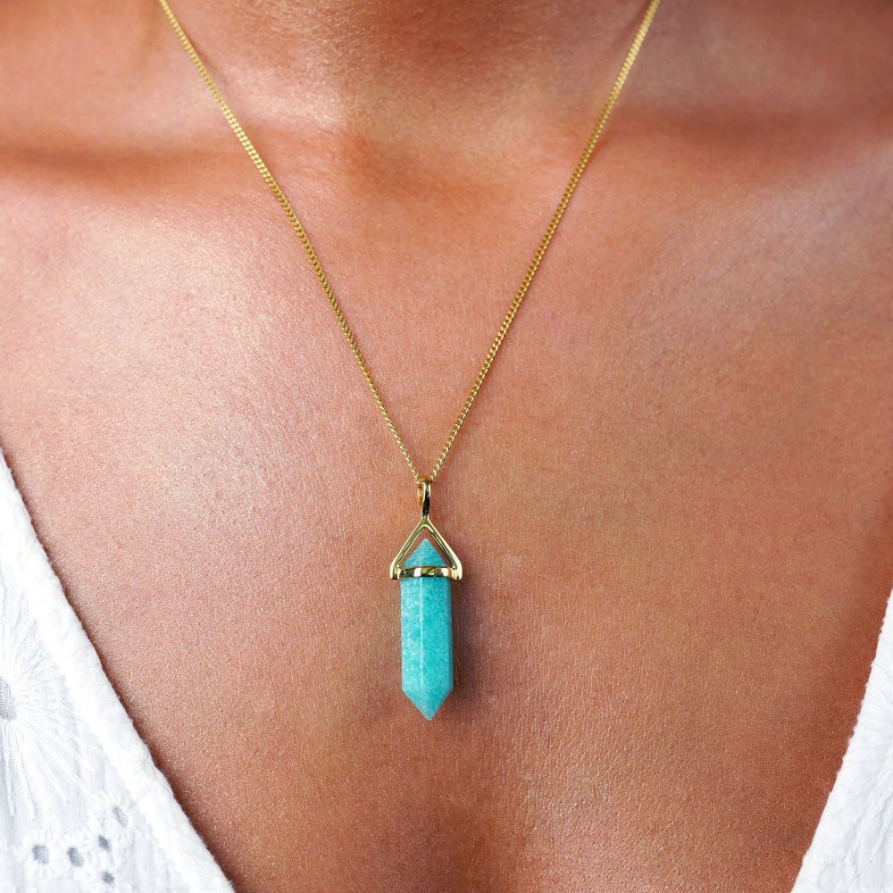  Necklace with turquoise stone Amazonite which is the crystal for luck. Tropical beautiful color of crystal Amazonite and incredibly beautiful to wear as a necklace.