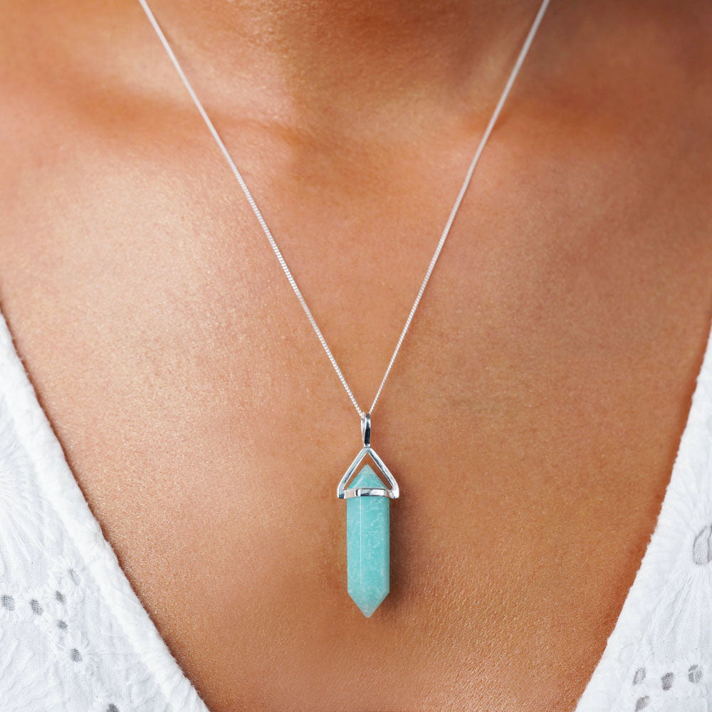 Necklace with turquoise crystal Amazonite shaped in  point. Jewelry with turquoise gemstone Amazonite.