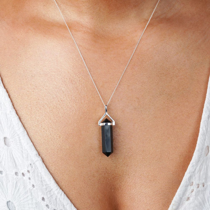 Necklace with crystal Onyx which is the  birthstone of July. Crystal jewelry with black gemstone Onyx.