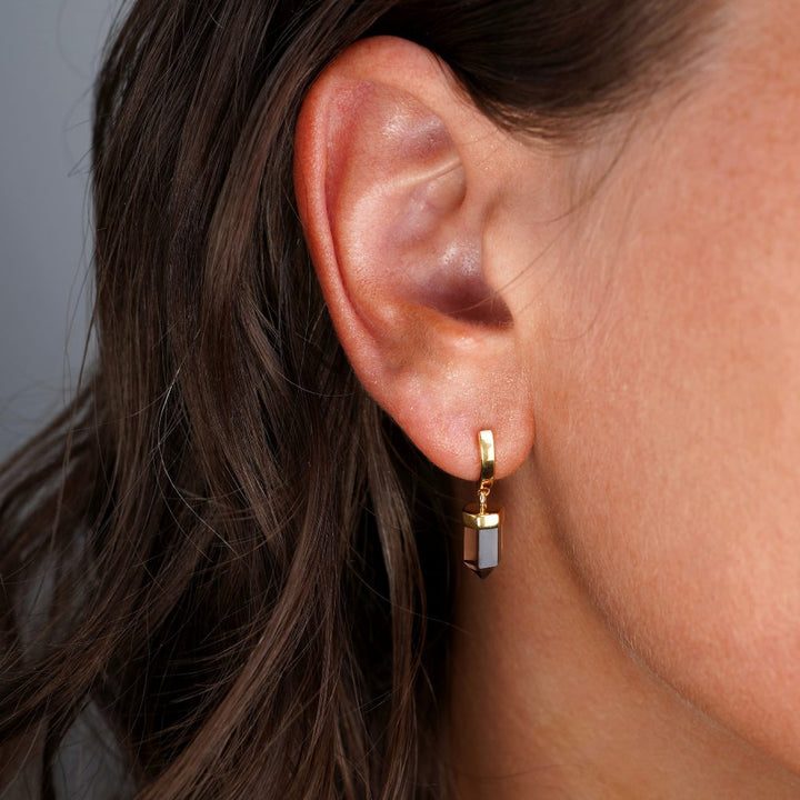 Gold earrings with Smoky quartz. Modern earrings with brown crystal Smoky quartz that is shaped into a point.