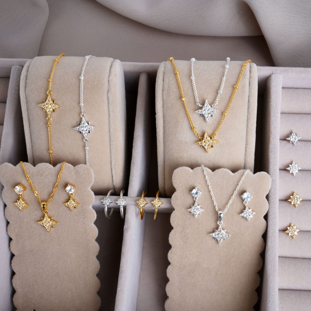 Crystal jewelry with magical stars of White Topas crystals. Star jewelry in silver and gold.