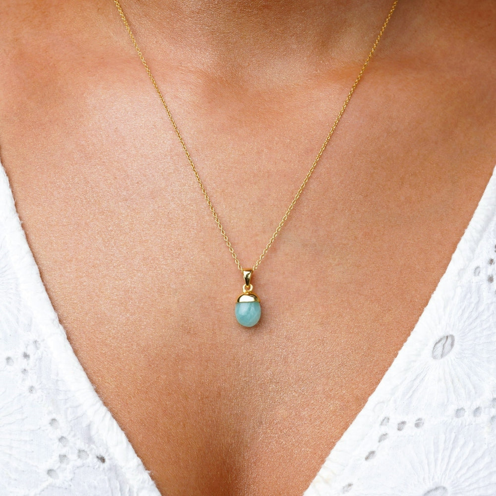  Necklace with Amazonite, tropical turquoise stone in necklace. Turquoise crystal Amazonite jewelry in gold.