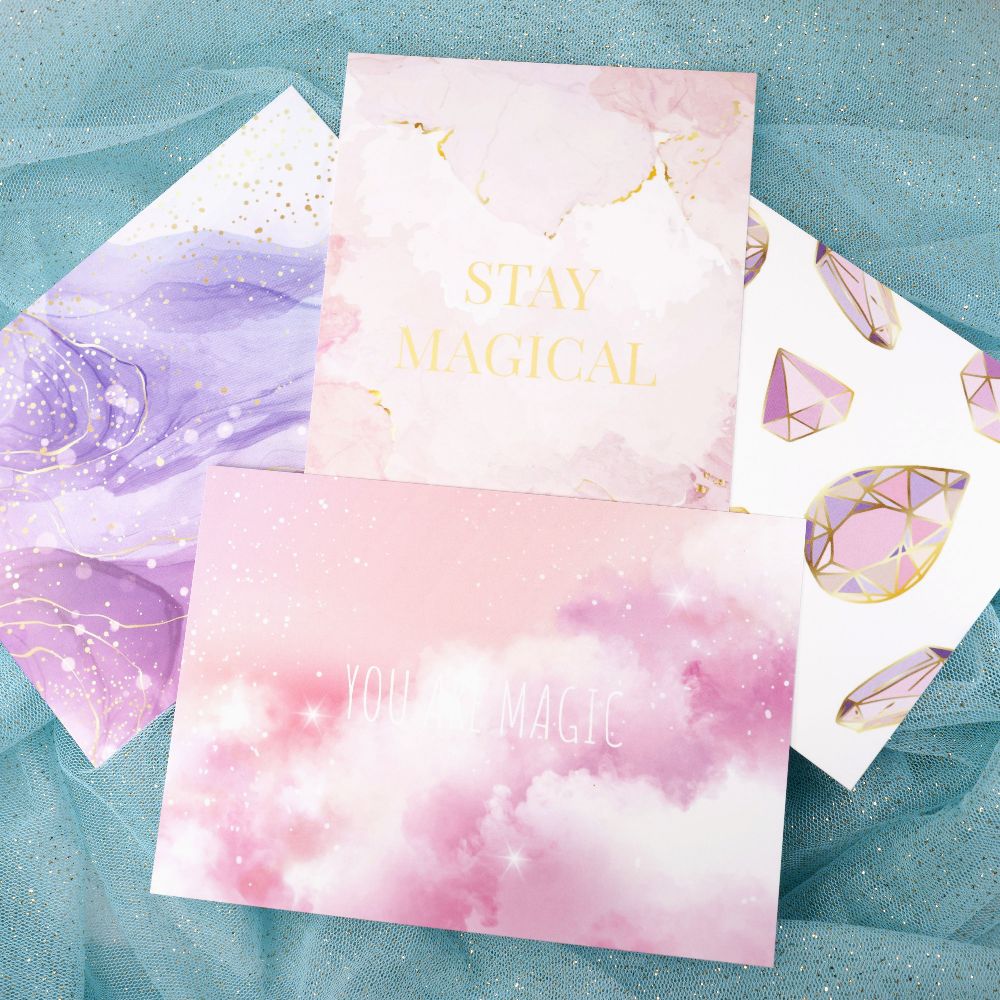 Magical postcards with gemstones and shifting colors. Beautiful postcards with pastel colors and gold details.