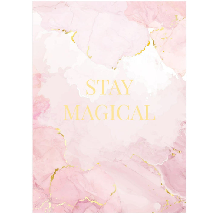 Postcard with pink shifting colors and gold text Stay Magical. Postcard with gold and pink colors.