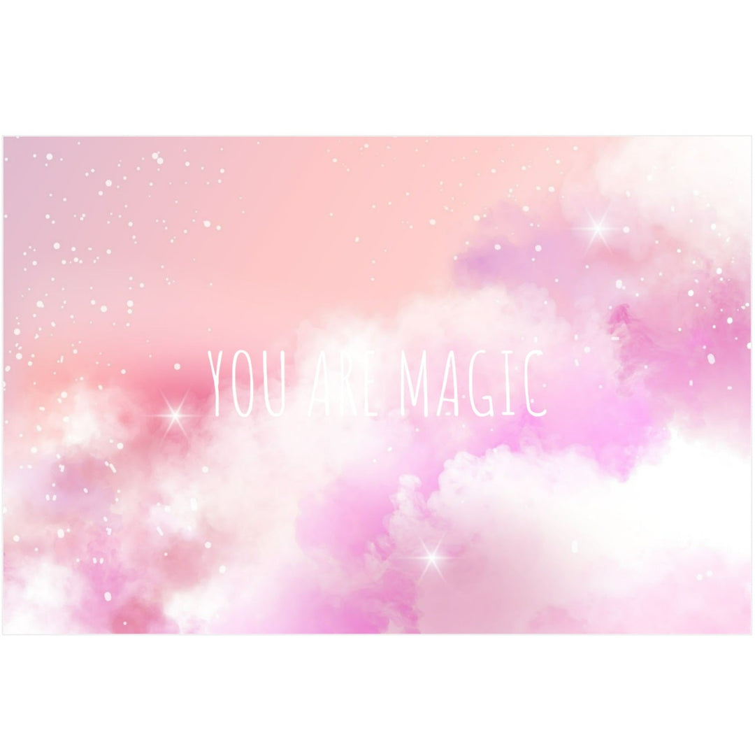 Card with pink, purple shifting sky and text saying "you are magic" in white. Postcard of a magical sky in purple and pink.