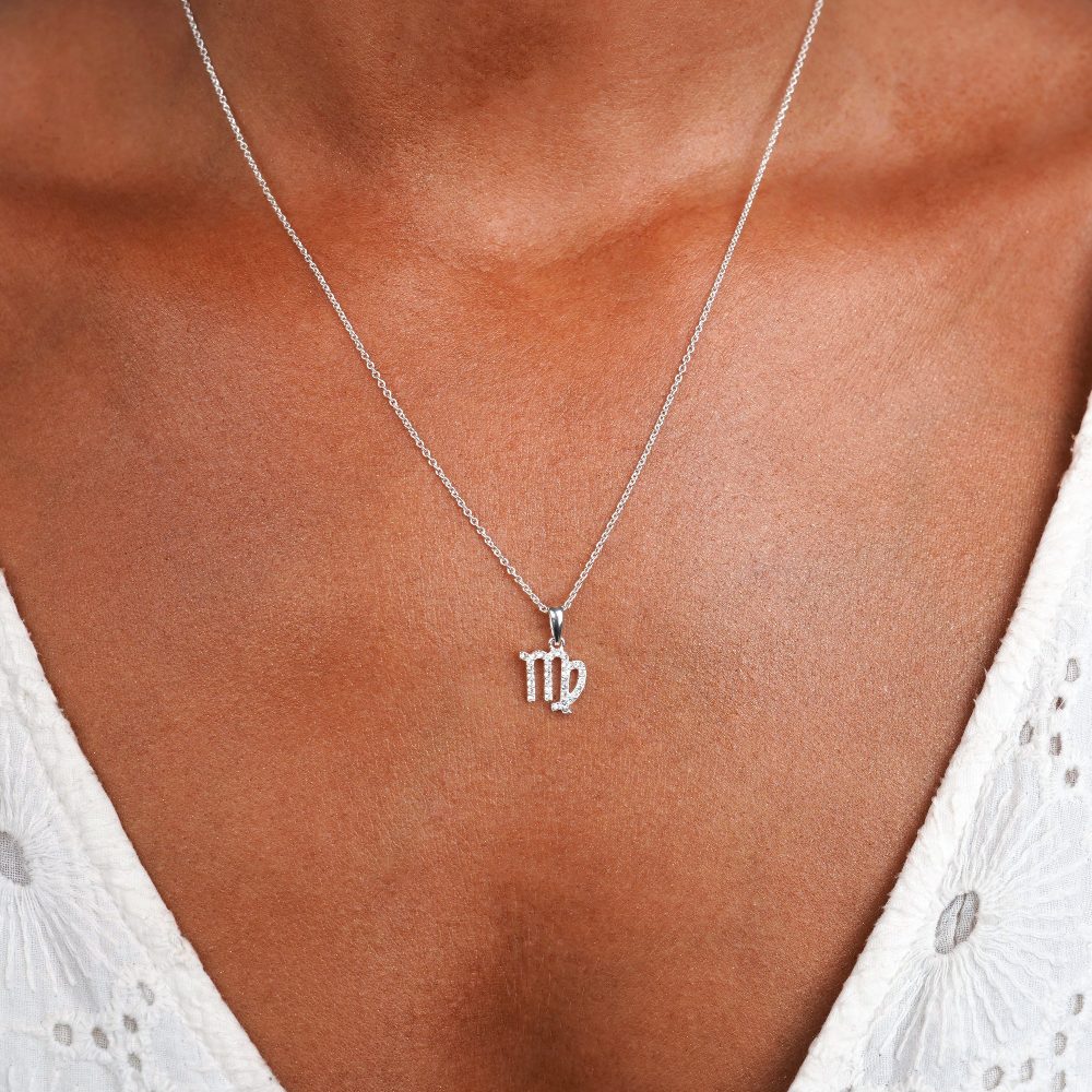 Virgo (Virgin) necklace in silver. Zodiac necklace with White Topaz crystals.