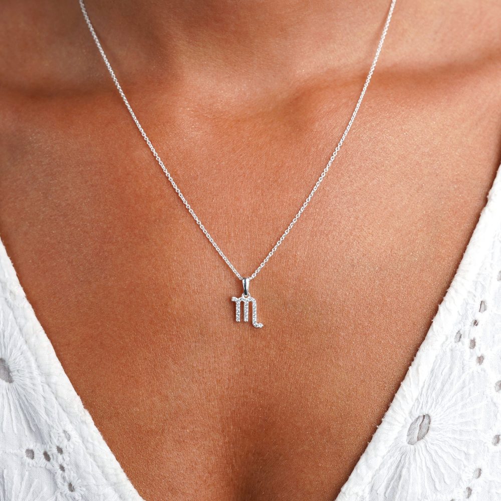 Scorpio (Scorpion) necklace in silver. Zodiac necklace with White Topaz crystals.